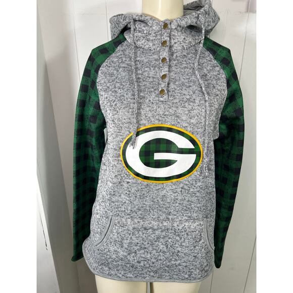 Green Bay Packers Hoodie Womens Gray Green Plaid Logo Drawstring Sweatshirt L - Picture 1 of 5